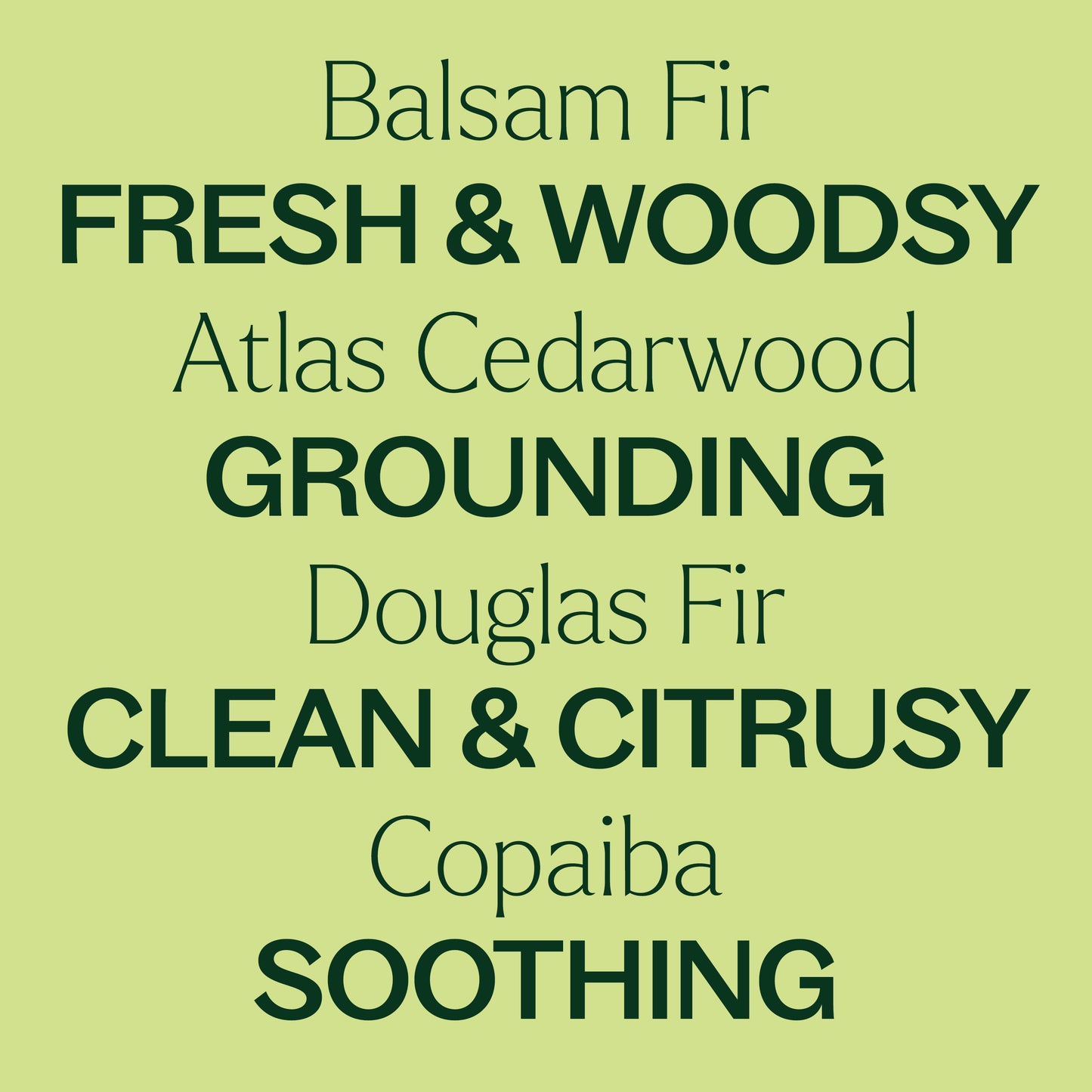 balsam fir, atlas cedarwood, douglas fir, copaiba. Fresh & woodsy, grounding, clean & citrusy, soothing