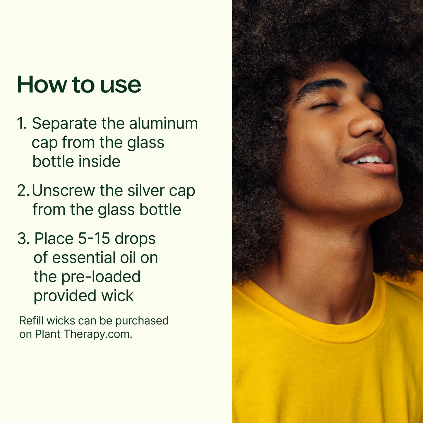 How to use: 1. separate the aluminum cap from the glass bottle inside. 2. Unscrew the silver cap from the glass bottle. 3. Place 5-15 drops of essential oil on the pre-loaded wick