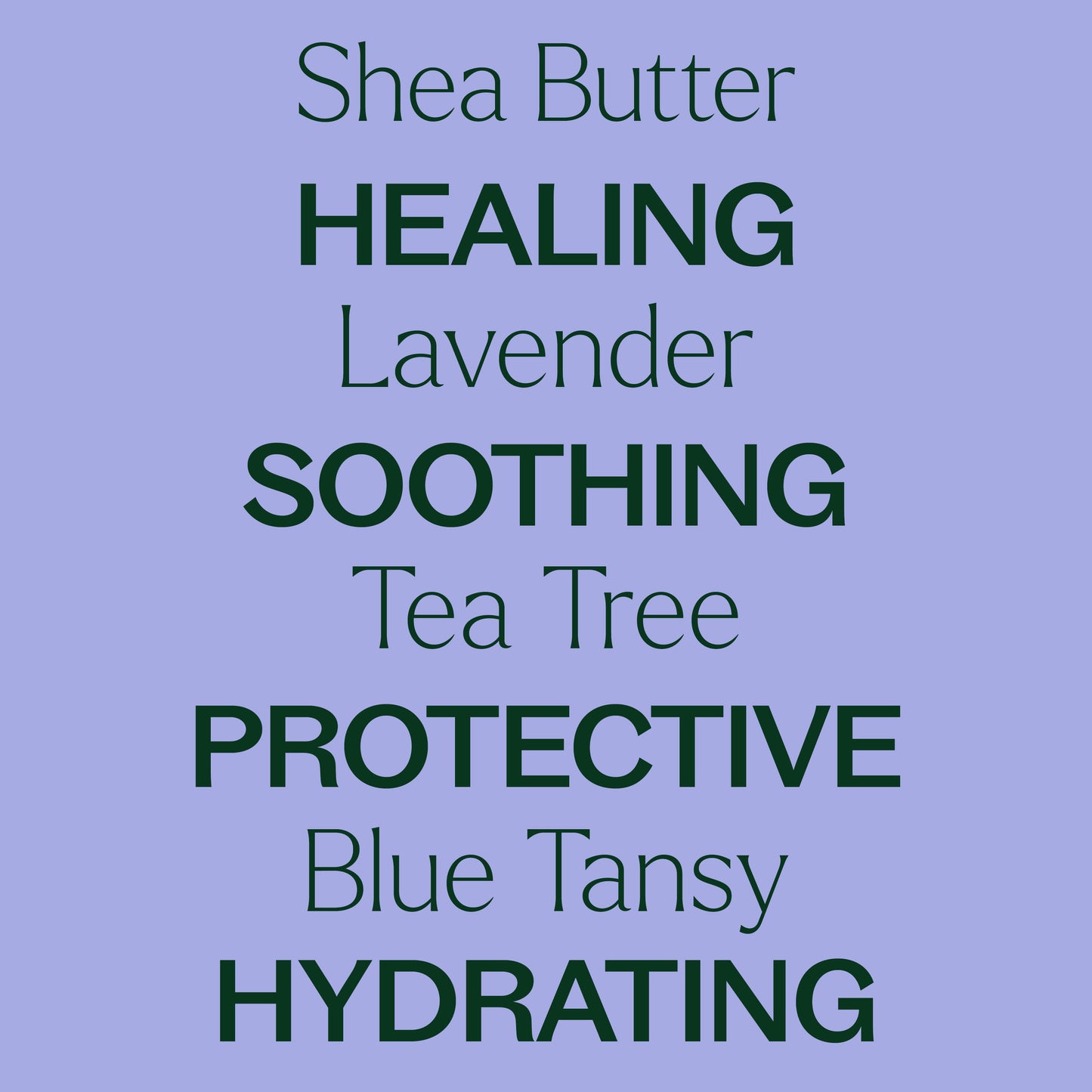 shea butter, lavender, tea tree, blue tansy. Healing, soothing, protective, hydrating. 