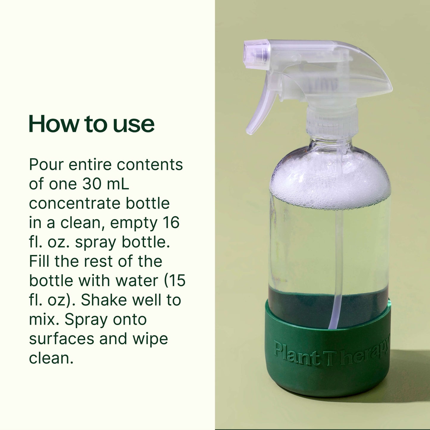 how to use: pour entire contents of one 30 mL concentrate bottle in a clean, empty 16 oz spray bottle. Fill the rest with water (15 fl oz. Shake well to mix