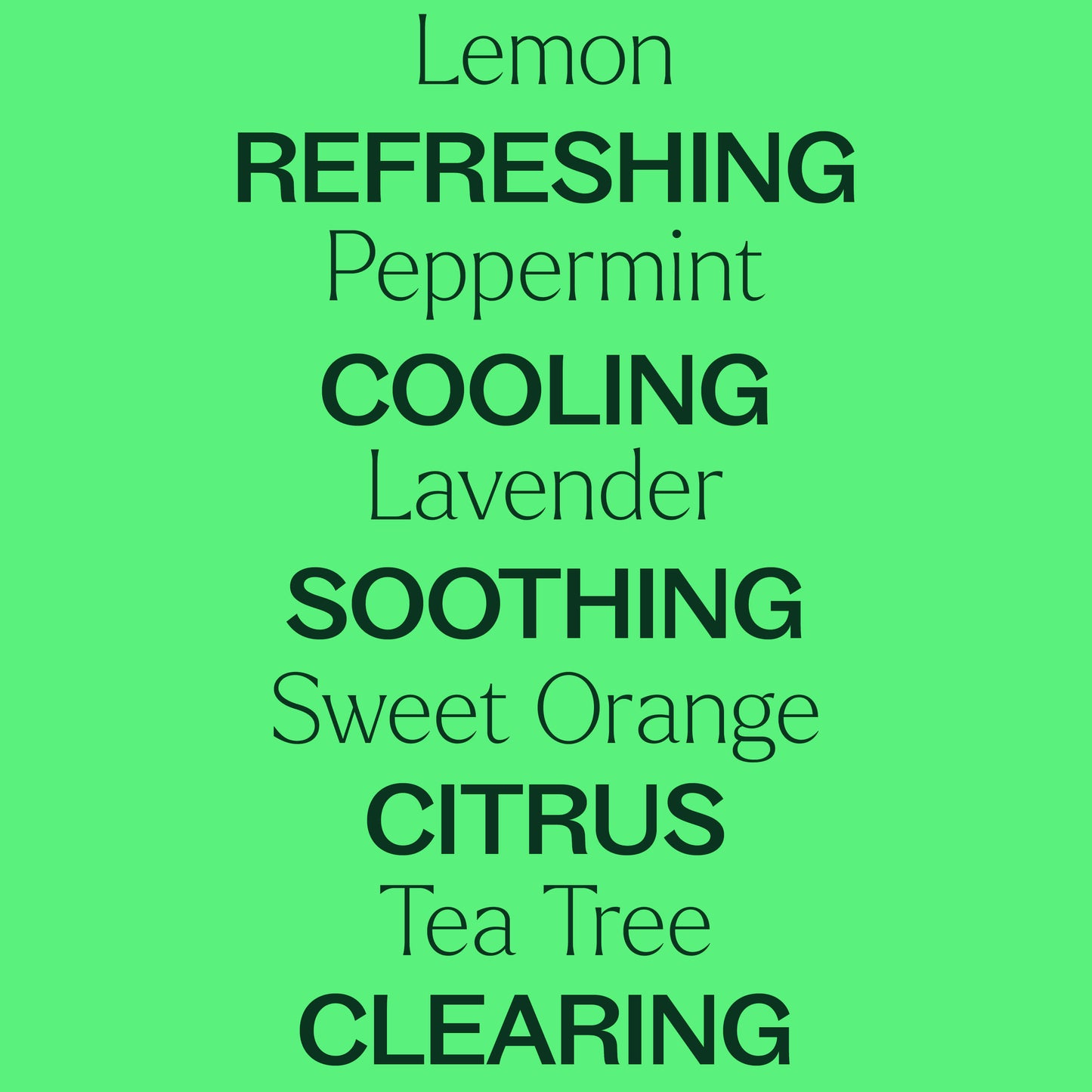 lemon, peppermint, lavender, sweet orange, tea tree. Refreshing, cooling, soothing, citrus, clearing