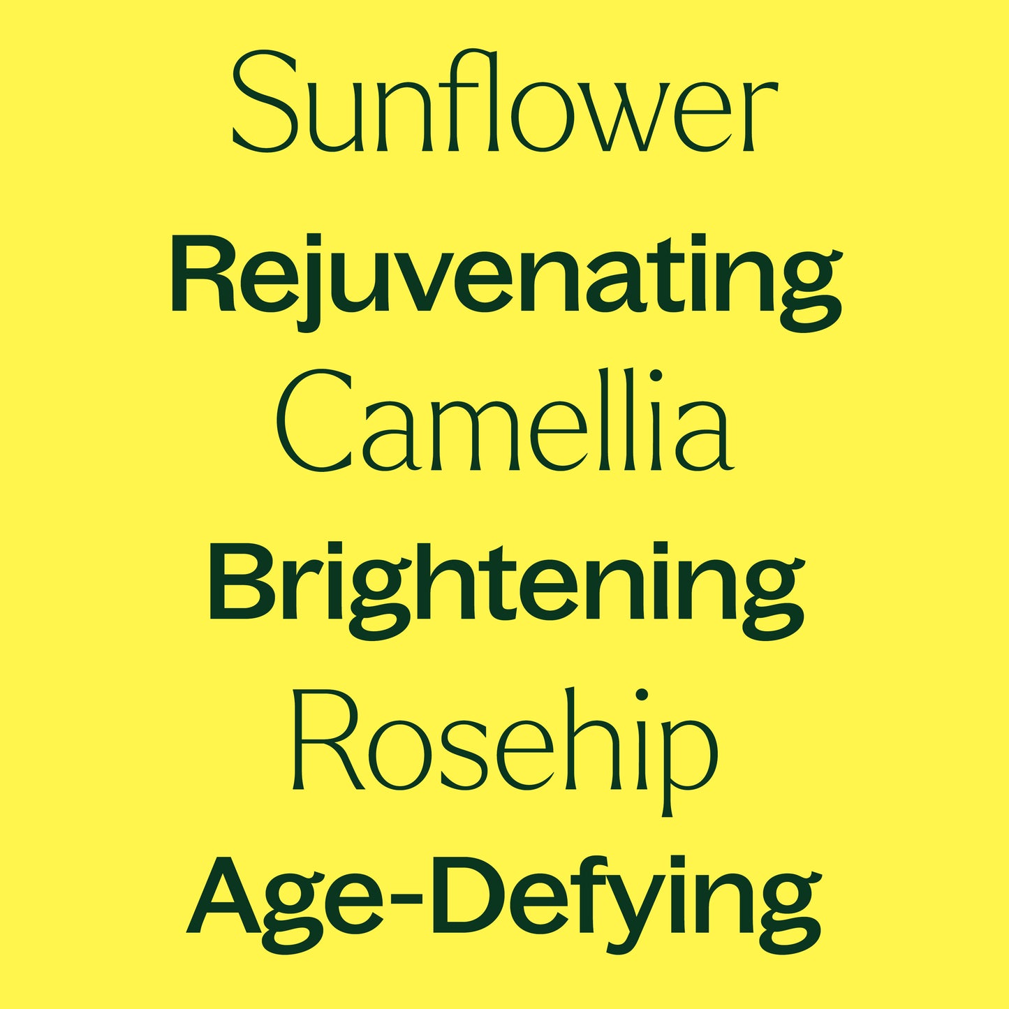 Sunflower, Camellia, Rosehip. Rejuvenating, Brightening, Age-Defying