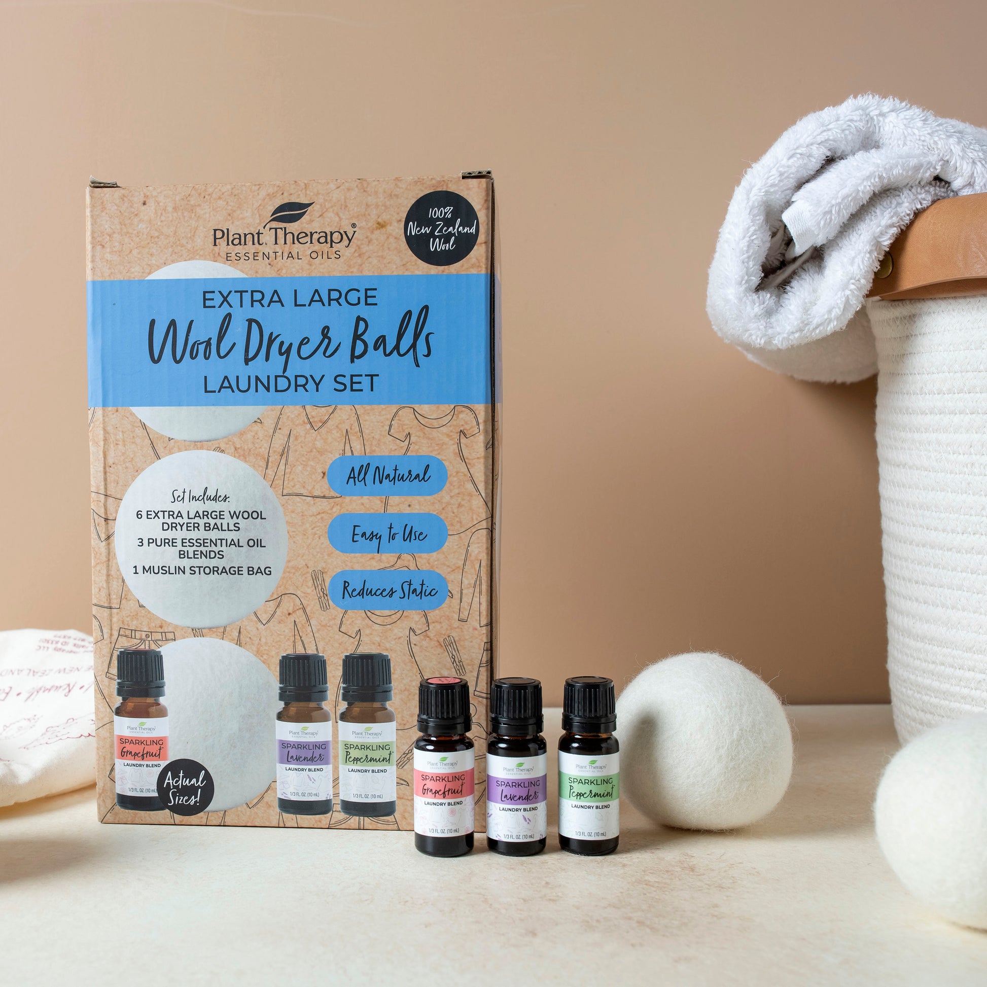 Plant Therapy Wool Dryer Balls and Sparking Peppermint Laundry Essential  Oil Blend 10 mL (1/3 oz) 100% New Zealand Wool, Extra Large, Eco-Friendly,  Reusable Natural Fabric Softener, All Natural 